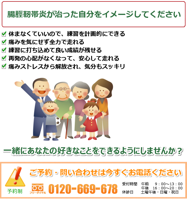 腸脛靭帯炎の治ったご自分を想像してください。1.休まなくていいので、練習を計画的にできる。2.痛みを気にせず全力で走れる。3.練習に打ち込めて良い成績が残せる。4.再発の心配がなくなって、安心して走れる。5.痛みストレスから解放され、気分もスッキリ。一緒にあなたの好きなことをできるようにしませんか? ご予約・問い合わせは今すぐお電話ください。