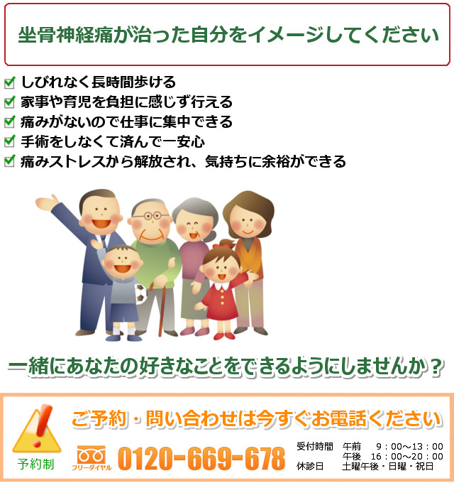 坐骨神経痛が治ったご自分を想像してください。1.手術しなくて良くなり一安心。2.しびれを気にせず、快適に生活できる。3.生活の中で痛みを忘れることができる。4.長時間座っての作業にも集中できる。5.これからの不安がなくなって人生が明るくなる。一緒にあなたの好きなことをできるようにしませんか? ご予約・問い合わせは今すぐお電話ください。