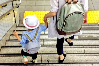 リュックを背負う親子