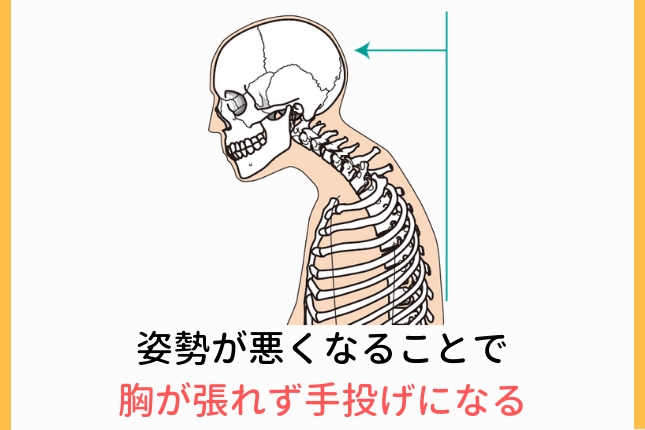 姿勢が悪くなることで胸が張れず手投げになる