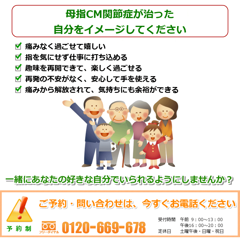 母指ＣＭ関節症の治ったご自分をイメージしてください。１．痛みなく過ごせて嬉しい２．指を気にせず仕事に打ち込める３．趣味を再開できて、楽しく過ごせる４．再発の不安がなく、安心して手を使える５．痛みから解放されて、気持ちにも余裕ができる