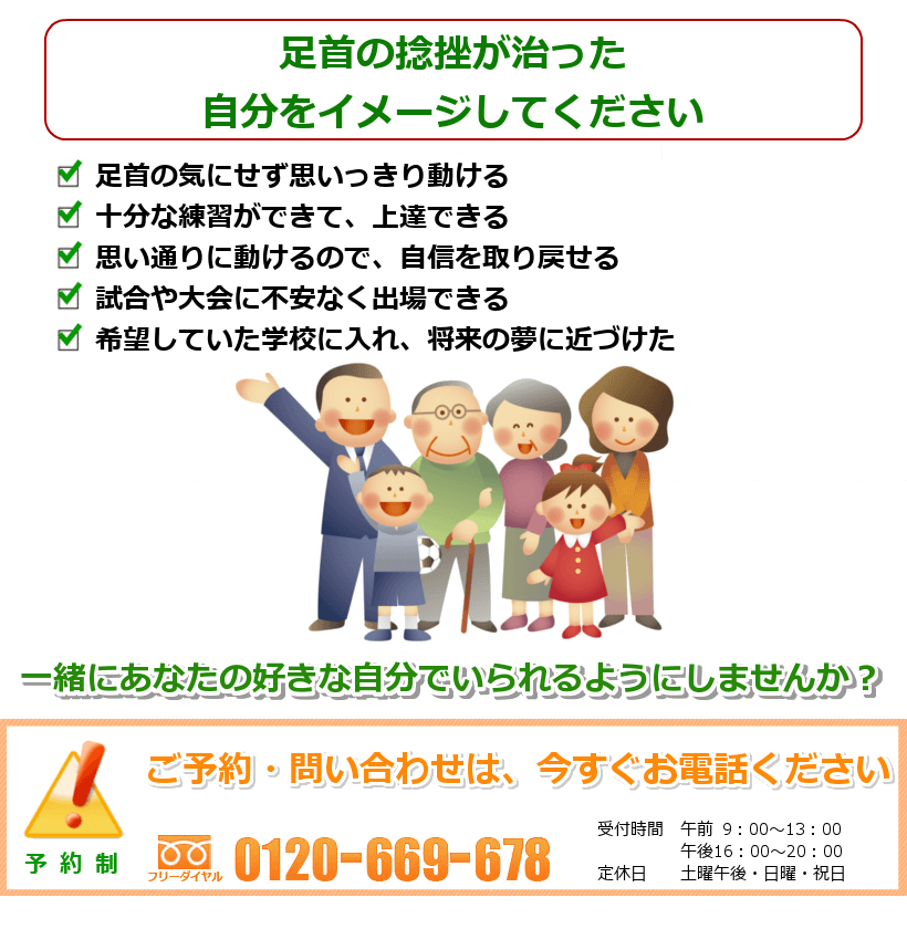 捻挫の治ったご自分をイメージしてください。１．痛みを気にせずおもいっきり動ける。２．正座ができるぐらいまで足首が動く。３．長時間歩けるので、遠出ができるようになる。４．体重のかかり方が良くなり、体全体のバランスが整う。５．再発の心配なくスポーツを楽しめる。