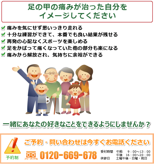 足の甲の痛みが治った自分をイメージしてください。痛みを気にせずおもいっきり走れる。痛くないので気軽に外出できる。再発の心配なくスポーツを楽しめる。痛みをかばって痛くなっていた他の部分も楽になる。痛みのストレスがなくなり、気持ちに余裕ができる