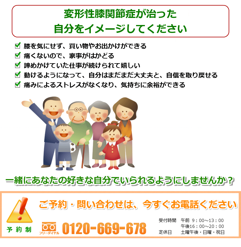 変形性膝関節症の治ったご自分を想像してください。膝を気にせず、買い物やお出かけができる。痛くないので、家事がはかどる。諦めかけていた仕事が続けられて嬉しい。動けるようになって、自分はまだまだ大丈夫と、自信を取り戻せる。痛みによるストレスがなくなり、気持ちに余裕ができる。 一緒にあなたの好きなことをできるようにしませんか? ご予約・問い合わせは今すぐお電話ください。