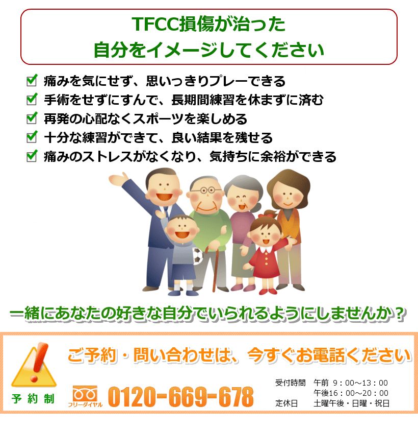 TFCC損傷の治ったご自分を想像してください。痛みを気にせずおもいっきりプレーできる。手術をせずにすんで、長期間練習を休まずにすむ。再発の心配なくスポーツを楽しめる。痛みをかばって痛くなっていた他の部分も楽になる。痛みのストレスがなくなり、気持ちに余裕ができる。一緒にあなたの好きなことをできるようにしませんか？ ご予約・問い合わせは今すぐお電話ください。