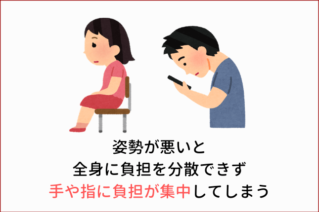 姿勢が悪いと全身に負担を分散できず手に負担が集中してしまう