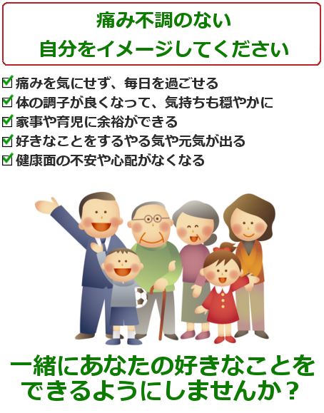 痛みを気にせず、毎日を過ごせる。体の調子が良くなって、気持ちも穏やかに。家事や育児に余裕ができる。好きなことをするやる気や元気が出る。健康面の不安や心配がなくなる。