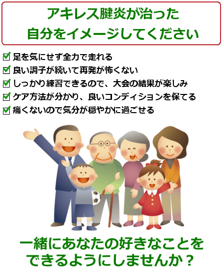 アキレス腱炎が治った自分をイメージして下さい。スポーツを全力で楽しめる。歩けるようになり、行きたい所に行ける。屈伸ができるようになり、動きやすくなる。足の負担を考えず、好きな靴が履ける。痛みストレスから解放され気持ちに余裕ができる。