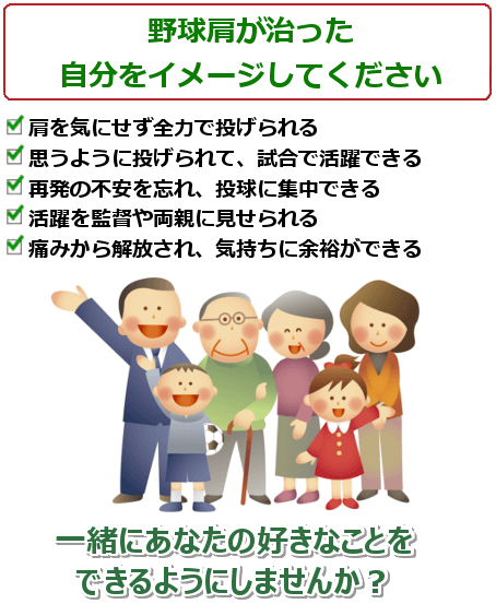 野球肩が治った自分をイメージして下さい。肩がなめらかに動き、軽くなる。全力投球ができ、しっかり練習できる。痛みなくトレーニングができ、球速も上がる。肩が楽になり、肘にかかる負担も減る。イメージ通りのピッチングができ、活躍できる。