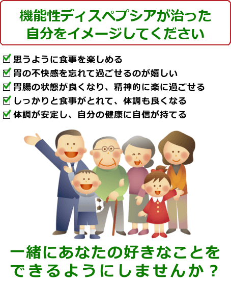 機能性ディスペプシアが治った自分をイメージしてください。思うように食事を楽しめる。胃の不快感を忘れて過ごせるのが嬉しい。胃腸の状態が良くなり、精神的に楽に過ごせる。しっかりと食事がとれて、体調も良くなる。体調が安定し、自分の健康に自信が持てる