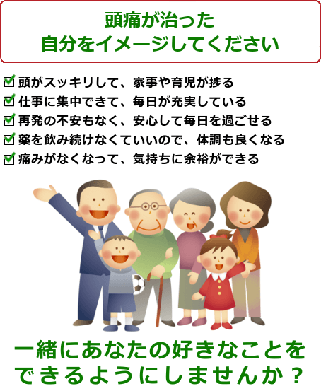頭痛が治った自分をイメージして下さい。頭がスッキリして、家事や育児が捗る。仕事に集中できて、毎日が充実している。再発の不安もなく、安心して毎日を過ごせる。薬を飲み続けなくていいので、体調も良くなる。痛みがなくなって、気持ちに余裕ができる