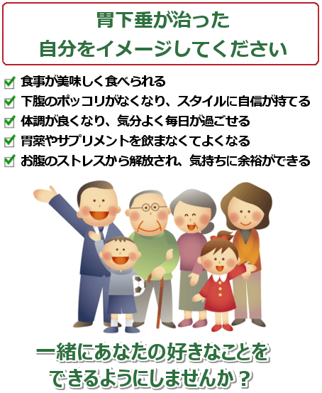 胃下垂が治った自分をイメージして下さい。食事が美味しく、適正体重になる。胃の調子が良くなり、気にしなくなる。体調が良くなり、気分よく過ごせる。薬やサプリメントを飲まなくてよくなる。病院や治療院に行く必要がなくなる。