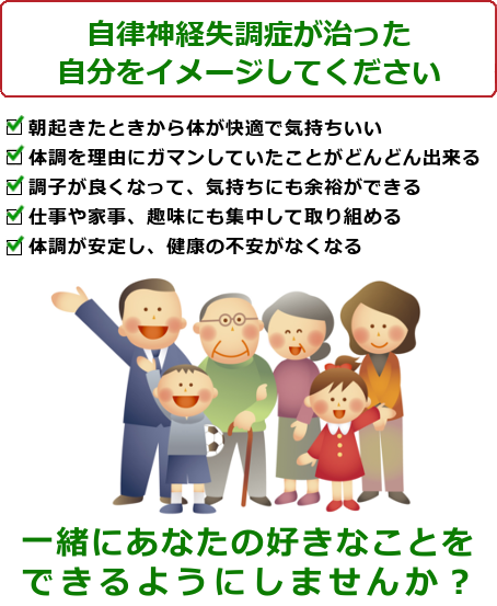 自律神経失調症が治った自分をイメージしてください。・朝起きたときから体が快適で気持ちいい・体調を理由にガマンしていたことがどんどん出来る・調子が良くなって、気持ちにも余裕ができる・仕事や家事、趣味にも集中して取り組める・体調が安定し、健康の不安がなくなる