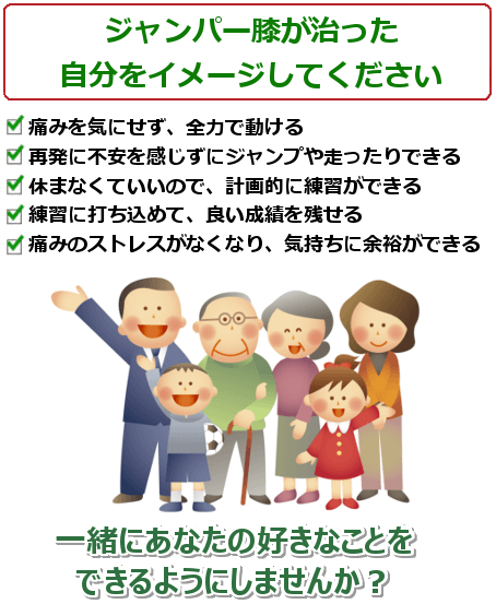 ジャンパー膝が治った自分をイメージして下さい。練習に打ち込めてストレスがない。思い通りに動けて活躍できるちゃんとしたストレッチで再発しない。真剣にプレーできるから最高に楽しい。活躍する姿を家族に見せれて嬉しい。