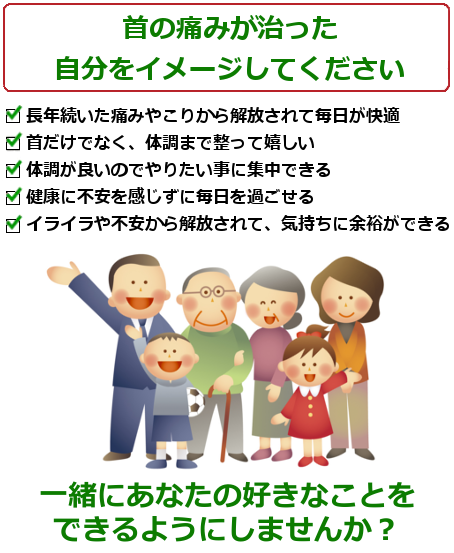 首の痛みの治ったご自分を想像してください。家事や育児、仕事に集中できる。痛みがなくて気持ちも晴れやか。将来の不安が無くなり、安心できる。頭痛やめまいが出ないので、好きなことができる。首だけなく、他のところも調子が良くなり嬉しい。