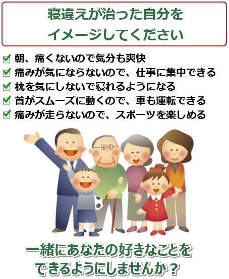 寝違えが治った自分をイメージして下さい。朝、痛くないので気分も爽快。痛みが気にならないので、仕事に集中できる。枕を気にしないで寝れるようになる。首がスムーズに動くので、車も運転できる。痛みが走らないので、スポーツを楽しめる。