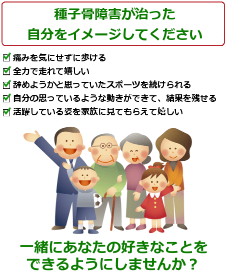 種子骨障害が治った自分をイメージしてください。思いっきり走れて嬉しい。痛みを忘れて毎日が過ごせる。辞めようかと思っていたスポーツを続けられる。練習に集中でき、思うような実力が発揮できる。痛みのストレスがなくなり、気持ちに余裕ができる