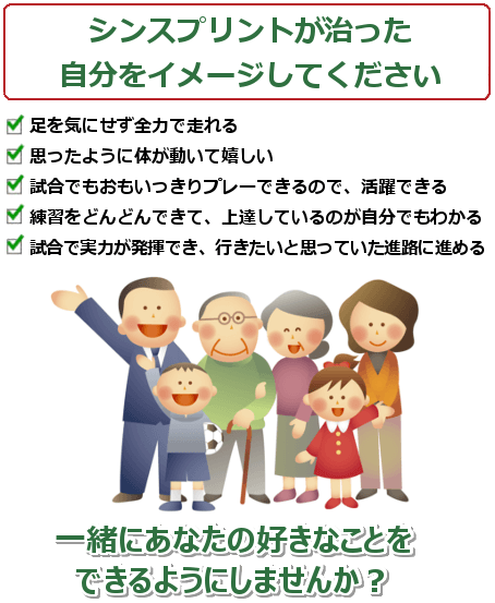 シンスプリントが治った自分をイメージして下さい。痛みを気にせず、おもいっきりプレーできる。走ったりジャンプしたりが普通にできる。休まず練習できるので、ストレスがない。かばって痛くなっていた他の所も痛くない。イメージ通りの動きができて嬉しい。