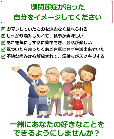 顎関節症が治った自分をイメージして下さい。食事でアゴを気にせず食べられる。自然な笑顔ができるので嬉しい。あくびをするのも怖くない。喋りやすくなり、会話も弾む。顔のバランスが整い、キレイになる。